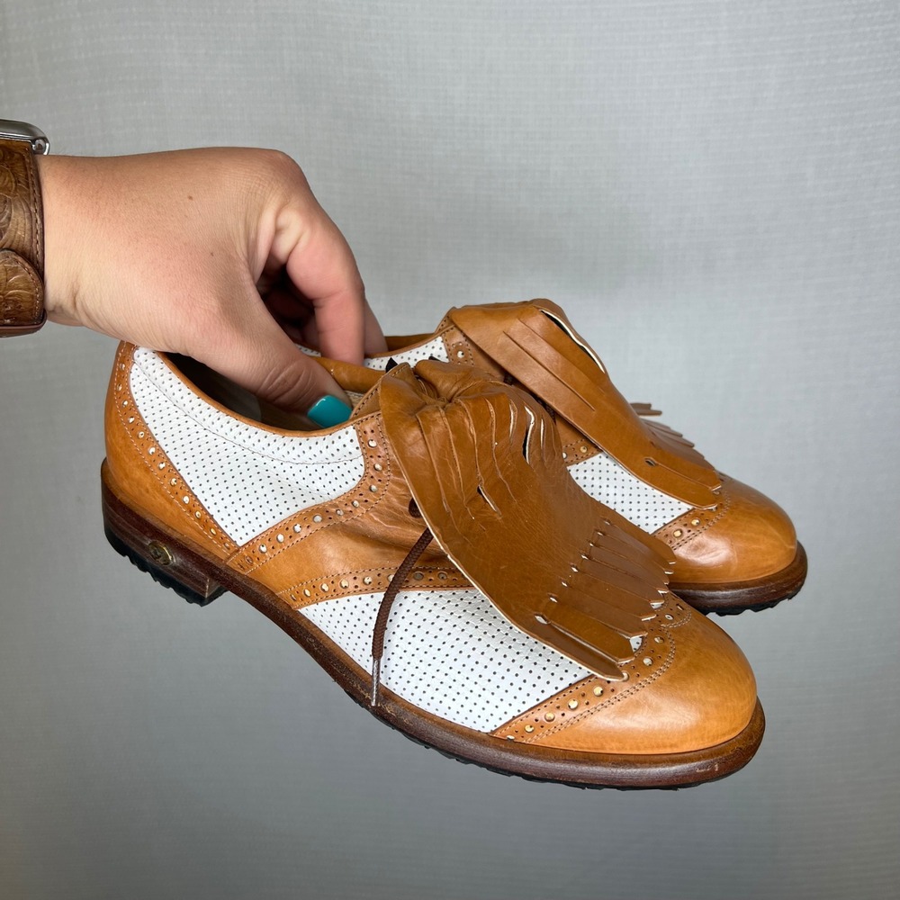 Walter Genuin Women Tan White Leather Wingtip Kiltie Golf Shoe Made Italy Size 7
